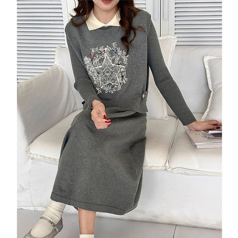 P Knitted Embroidered Vest Long Sleeve Two-piece Set
