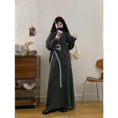 P bow sweater skirt two-piece set