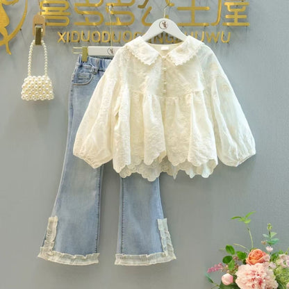 P Girls Spring New Doll Ocean Long Sleeve Fashion Shirt Children's Jeans Two-piece Set