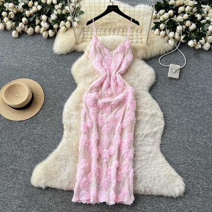 P light luxury celebrity high-end three-dimensional flower sequin dress women's summer French waist slim-fitting hip-wrapped long skirt