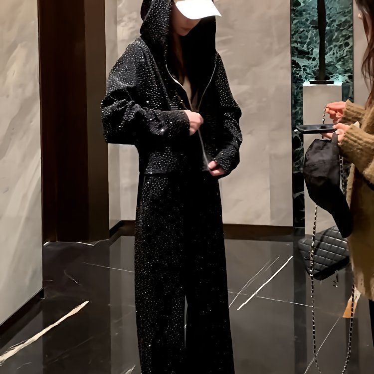 P hot diamond fashion high-end sports suit spring and autumn casual loose Korean version new thin sweater hat trousers two-piece set