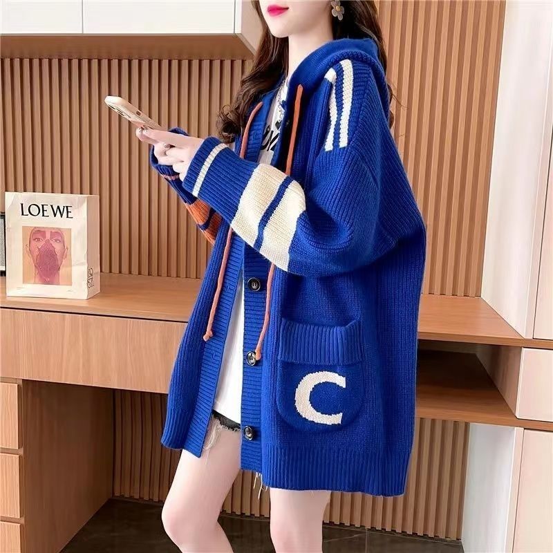 P Lazy Wind Hooded Sweater Cardigan Women's Medium and Long Korean Version