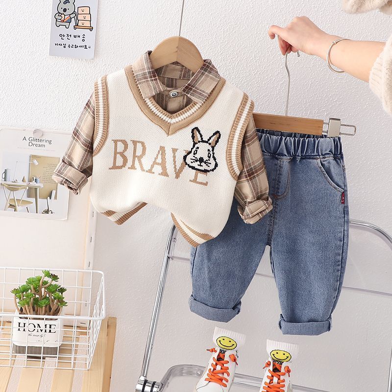 P Boys Spring Knitted Baby Shirt Boys Autumn and Winter Shirt Boys Baby Long Sleeve Three-piece Set Children