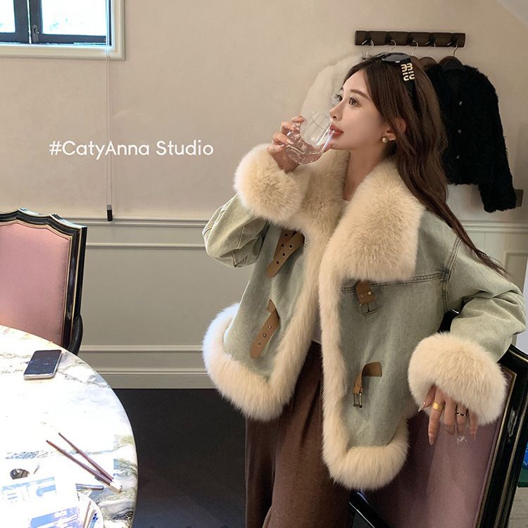 P fur neck denim jacket