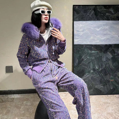 P Heavy Industry two-piece set winter velvet thickened fox fur collar removable sequined cardigan jacket wide-leg pants