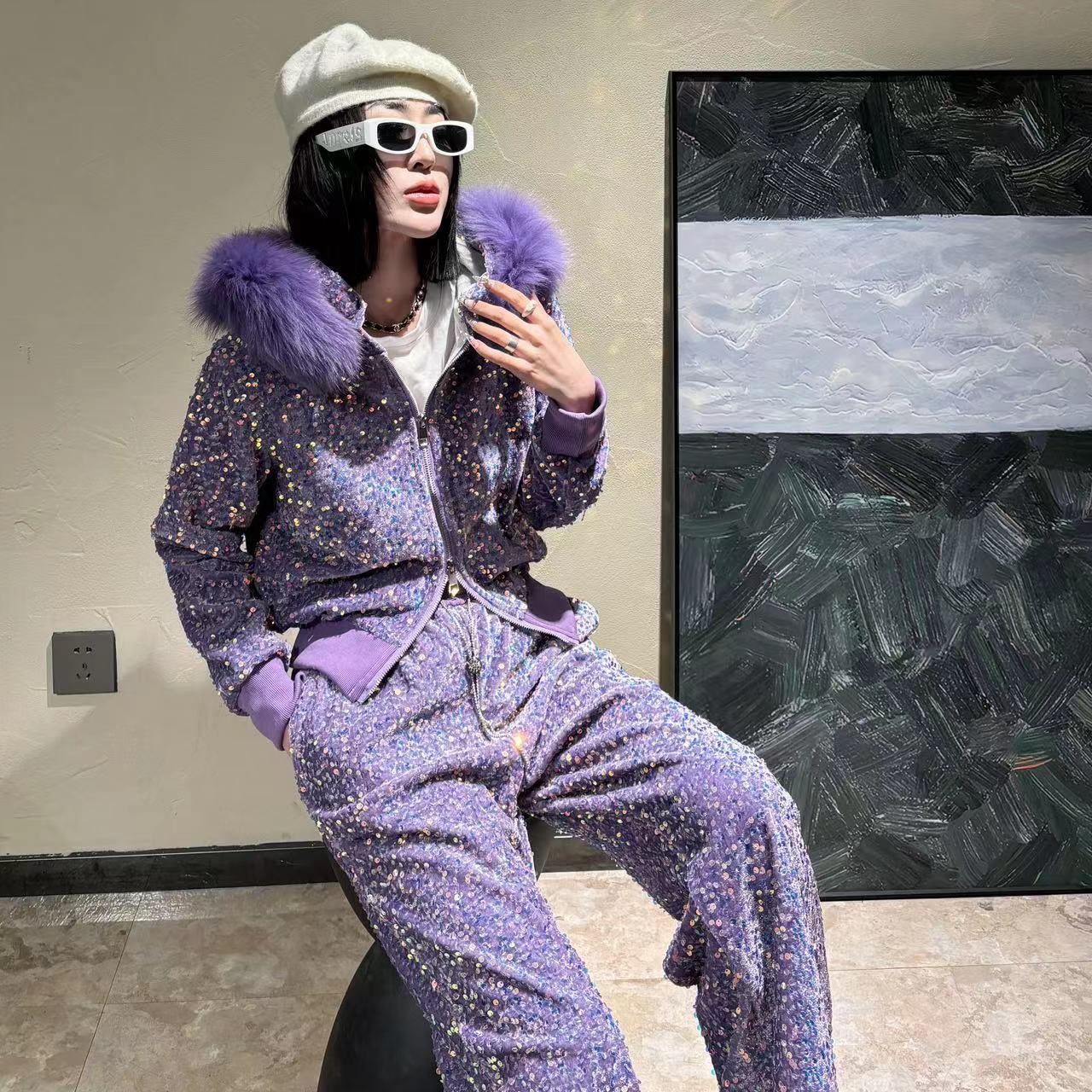 P new thickened autumn and winter casual velvet set heavy industry high waist loose casual sequins shiny and popular sweet and spicy