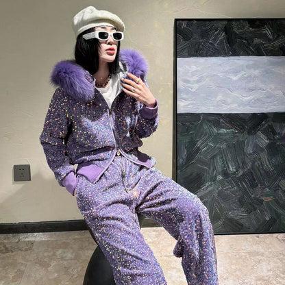 P new thickened autumn and winter casual velvet set heavy industry high waist loose casual sequins shiny and popular sweet and spicy