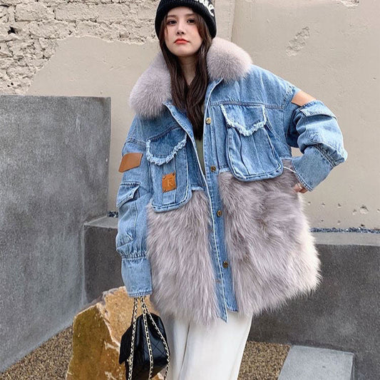 P denim fox fur down jacket