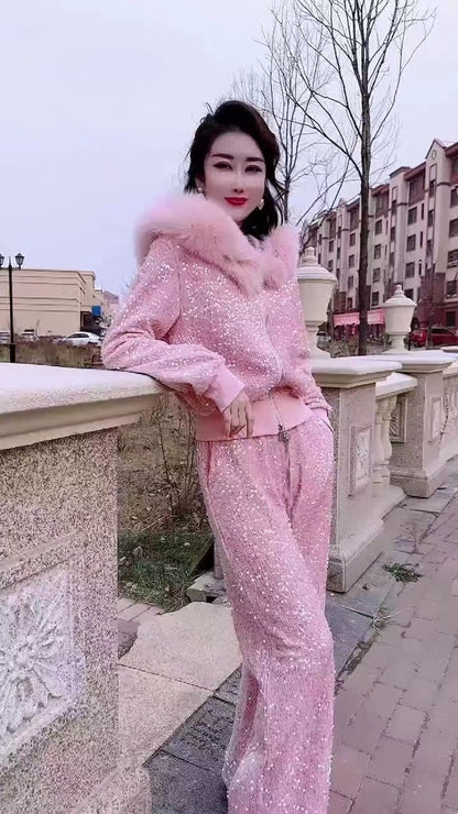 P wearing galaxy outer wear European new French heavy industry sequins winter hooded fashion two-piece set high-end