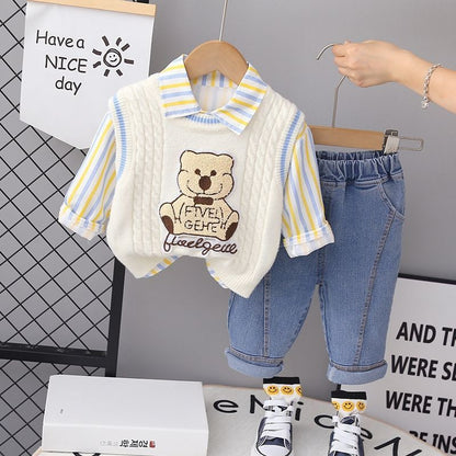 P Boys Spring Knitted Baby Shirt Boys Autumn and Winter Shirt Boys Baby Long Sleeve Three-piece Set Children
