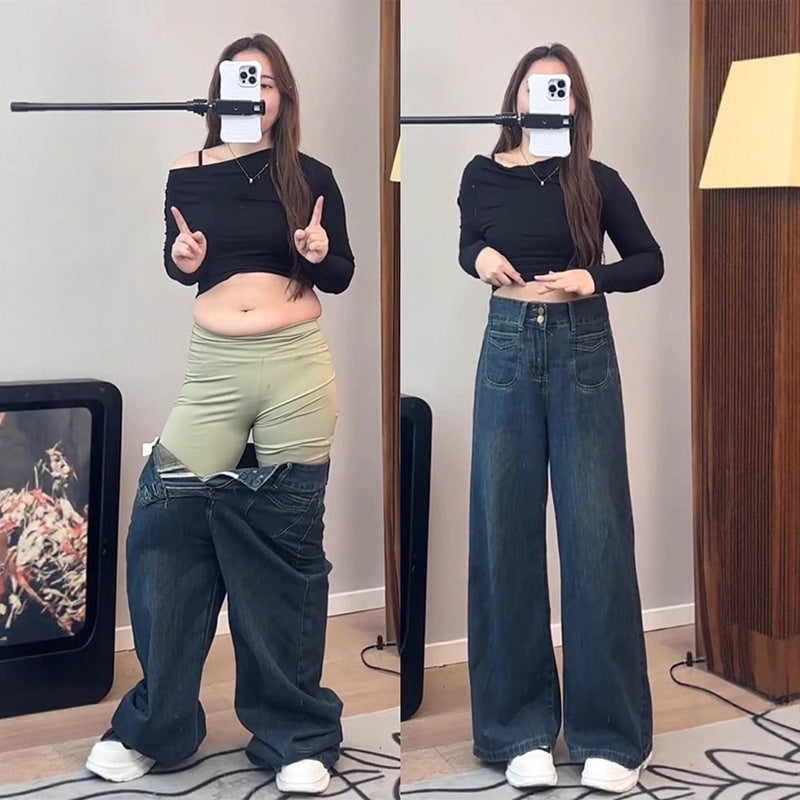 Spring and Autumn American Retro High-Waisted Loose Wide-Leg Pants