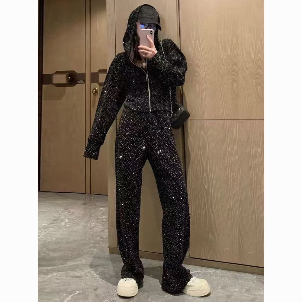 P hot diamond fashion high-end sports suit spring and autumn casual loose Korean version new thin sweater hat trousers two-piece set