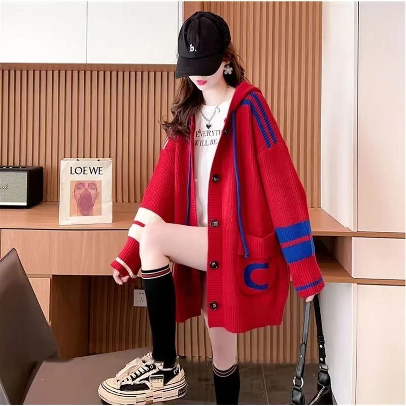 P Lazy Wind Hooded Sweater Cardigan Women's Medium and Long Korean Version