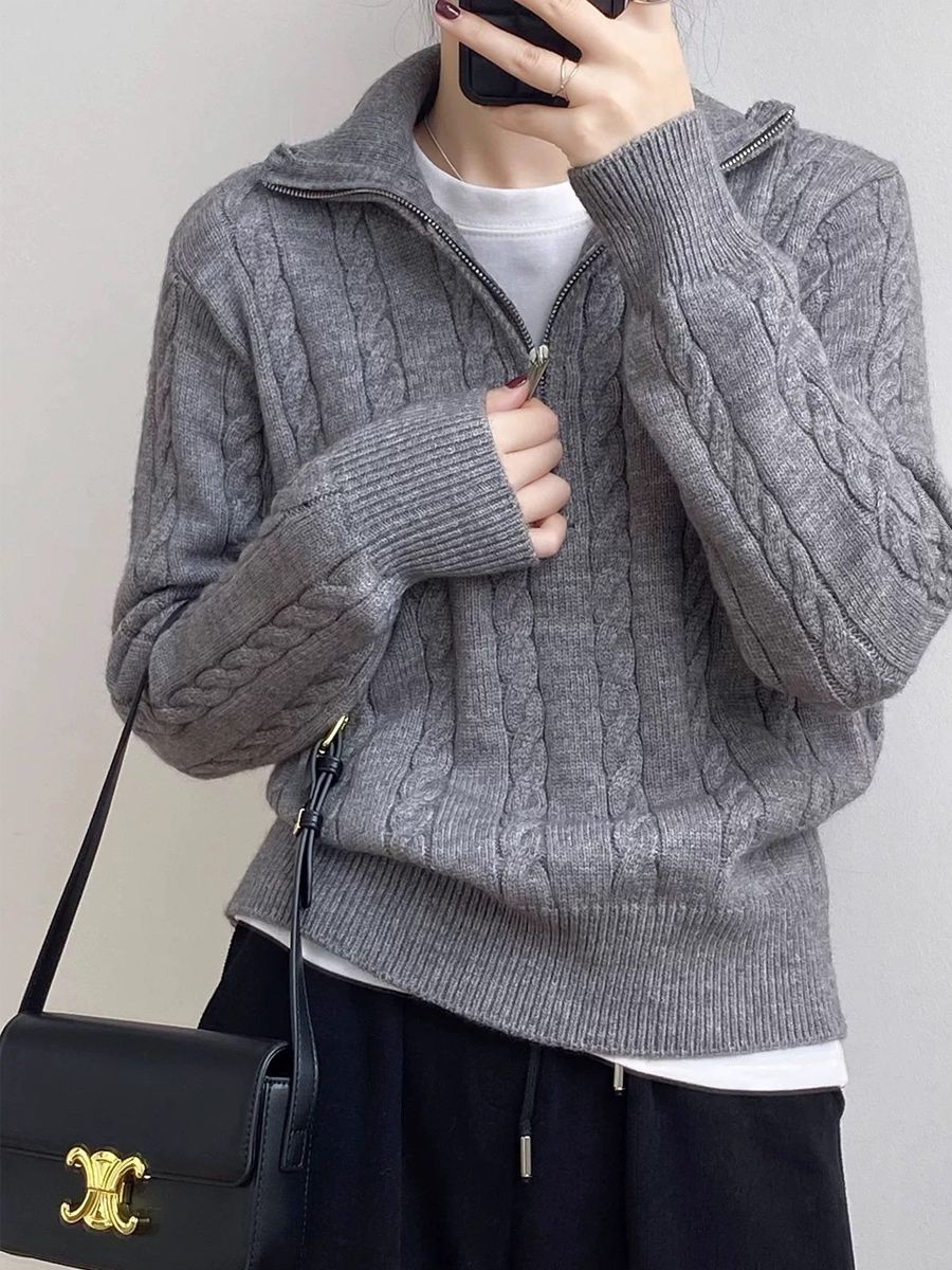 P Korean version of Korean chic autumn and winter thick knitted top women's retro twist half zipper lazy versatile sweater jacket