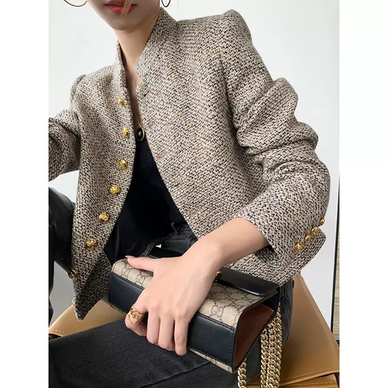 P new French retro Hong Kong style women's short coat spring and autumn small fragrant tweed jacket long-sleeved top