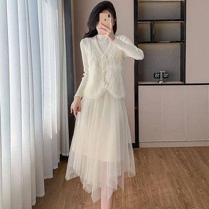 P knitted vest mesh dress two-piece set