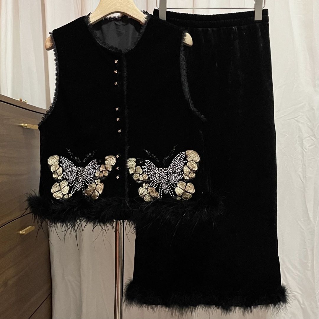 P bead embroidered ostrich fur vest skirt two-piece set