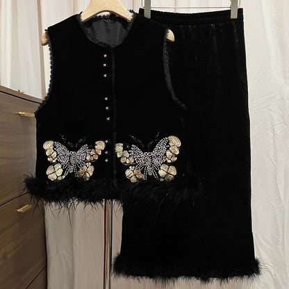 P bead embroidered ostrich fur vest skirt two-piece set
