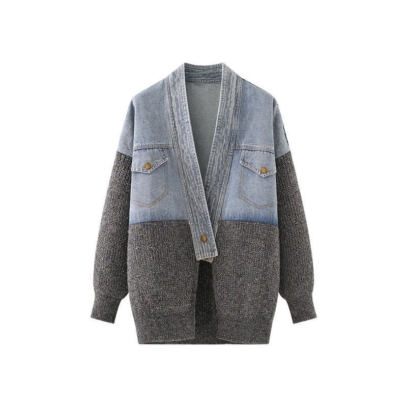 P denim spliced knitted jacket
