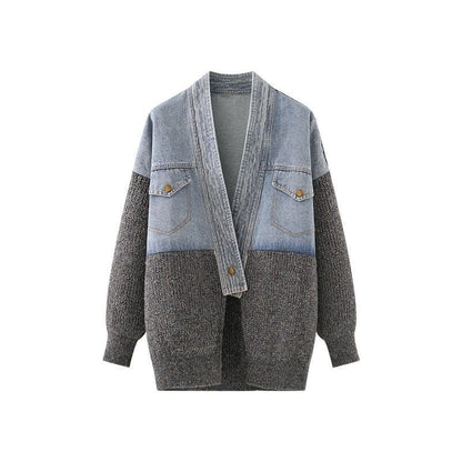 P denim spliced knitted jacket