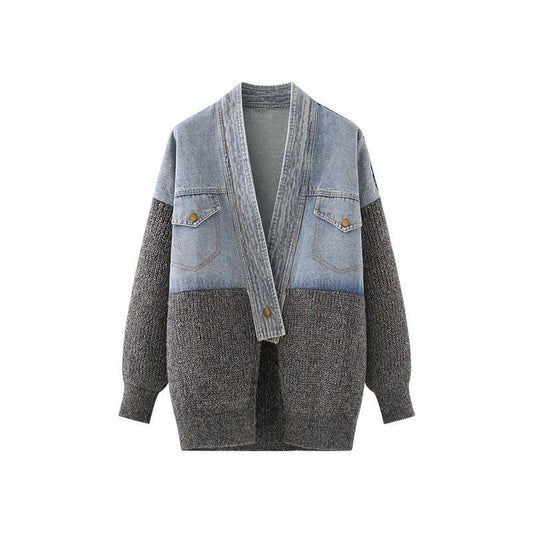 P denim spliced knitted jacket