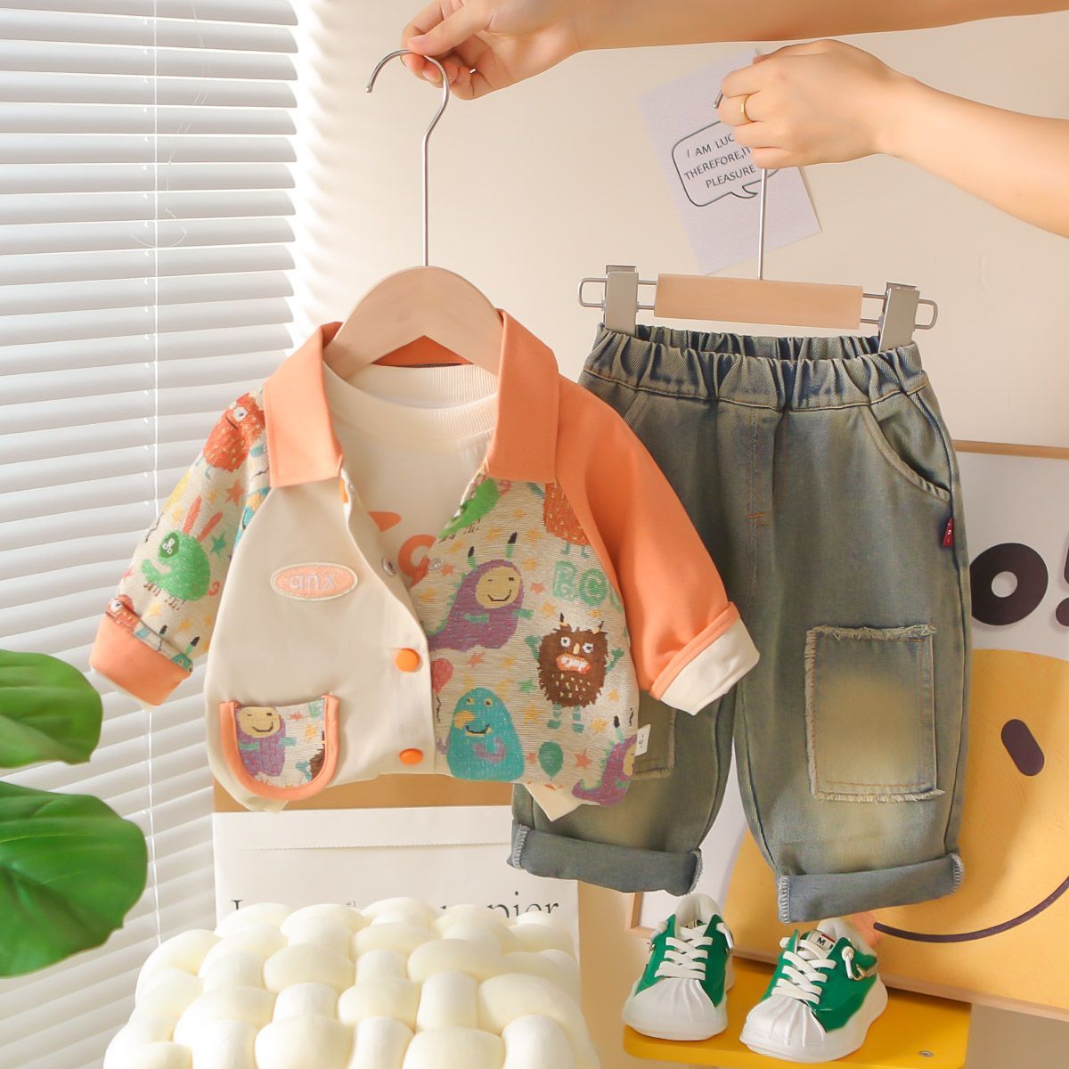 P new baby children Korean version baby spring and autumn long-sleeved cute animal jacket three-piece set