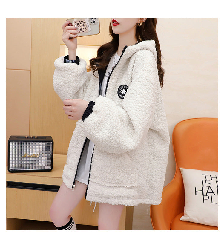 Fleece-Lined Thickened Two-Way Lamb Wool Cardigan Coat for Women