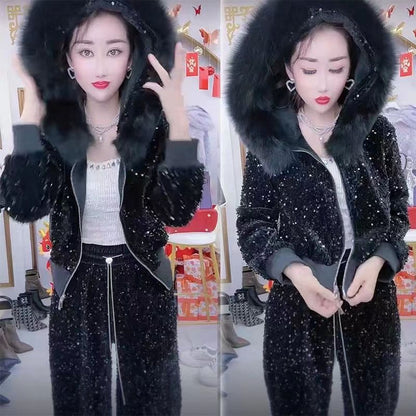 P wearing galaxy outer wear European new French heavy industry sequins winter hooded fashion two-piece set high-end