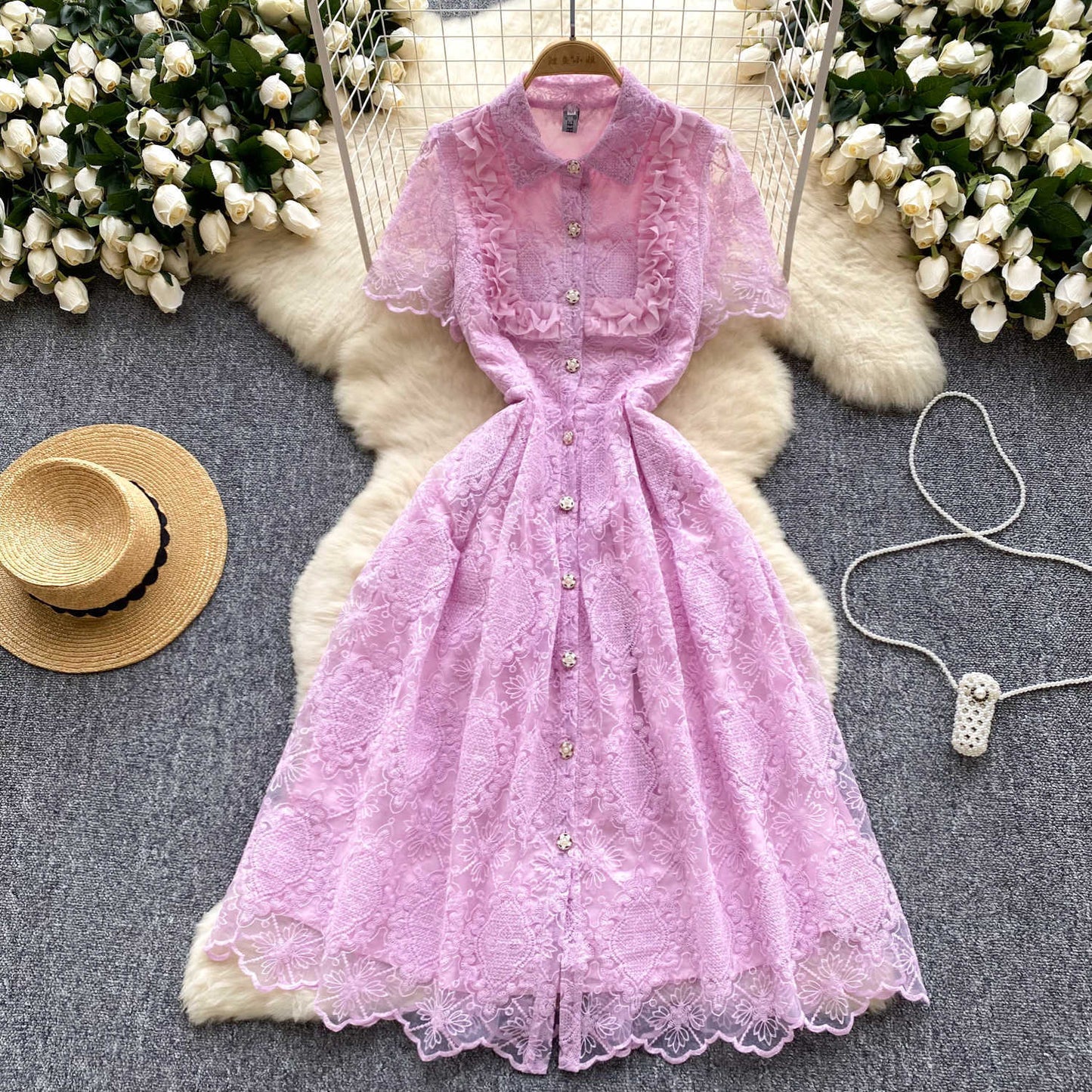 P French retro elegant heavy industry lace embroidery lapel single-breasted waist slim temperament dress...