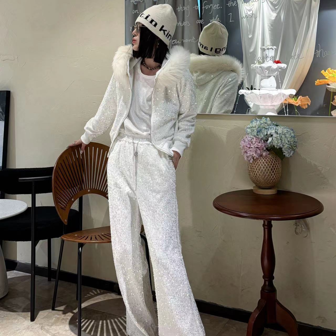 P Heavy Industry two-piece set winter velvet thickened fox fur collar removable sequined cardigan jacket wide-leg pants