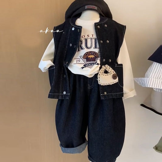 P children's denim long-sleeved suit