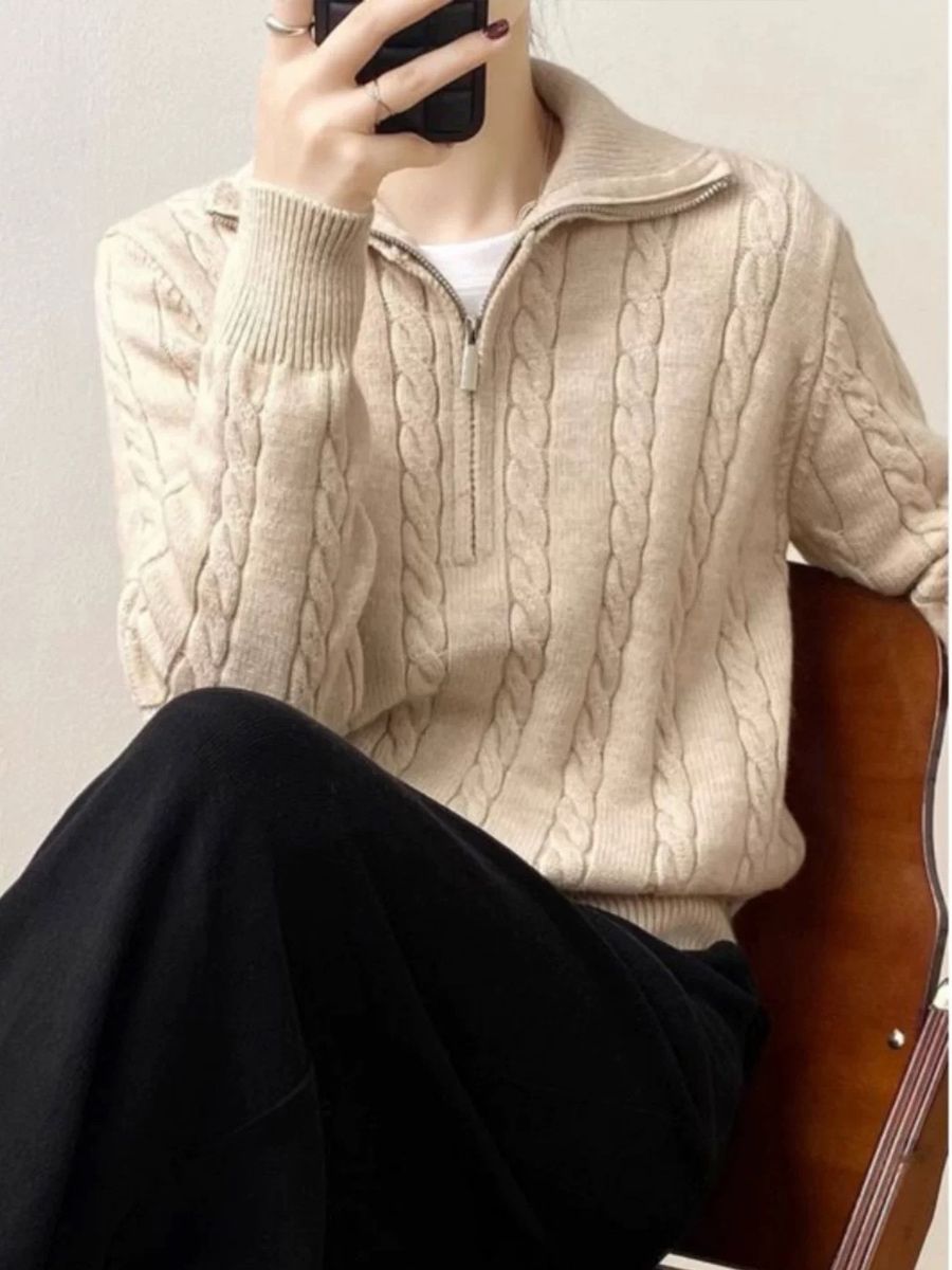 P Korean version of Korean chic autumn and winter thick knitted top women's retro twist half zipper lazy versatile sweater jacket