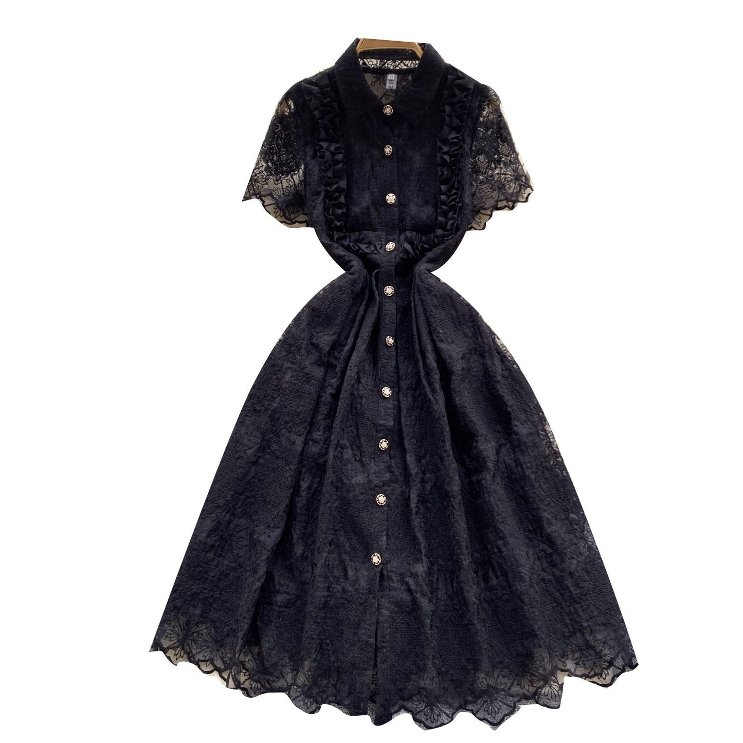 P French retro elegant heavy industry lace embroidery lapel single-breasted waist slim temperament dress...