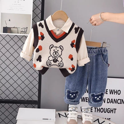 P Boys Spring Knitted Baby Shirt Boys Autumn and Winter Shirt Boys Baby Long Sleeve Three-piece Set Children