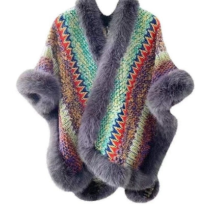 Autumn Winter Silver Fox Fur Oversized Collar Ethnic Style Shawl Scarf Cape Faux Fur Coat Women's Cape