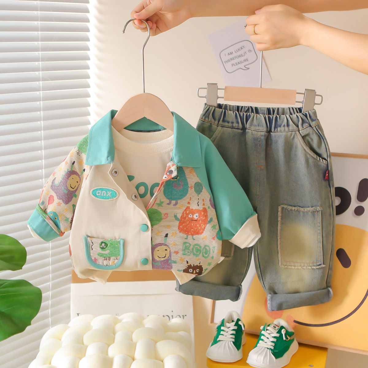 P new baby children Korean version baby spring and autumn long-sleeved cute animal jacket three-piece set