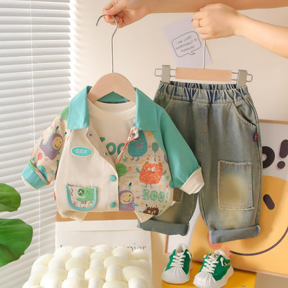 P new baby children Korean version baby spring and autumn long-sleeved cute animal jacket three-piece set