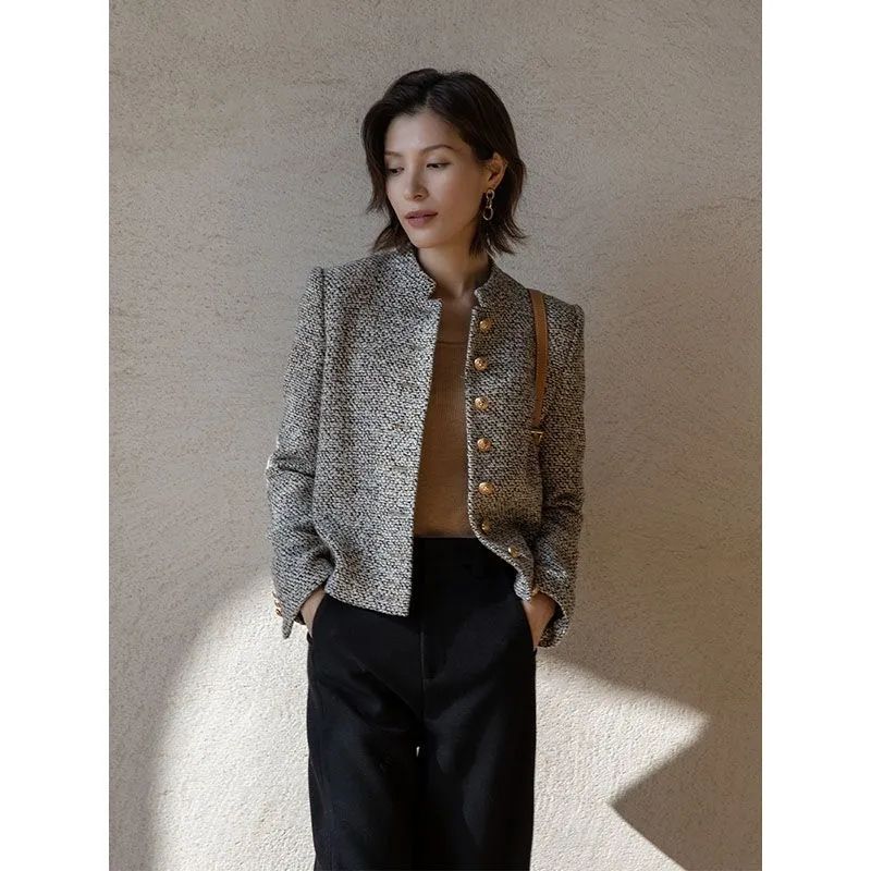 A Spring and Autumn new retro small fragrant tweed rice camel temperament fashionable and thin high-end short coat