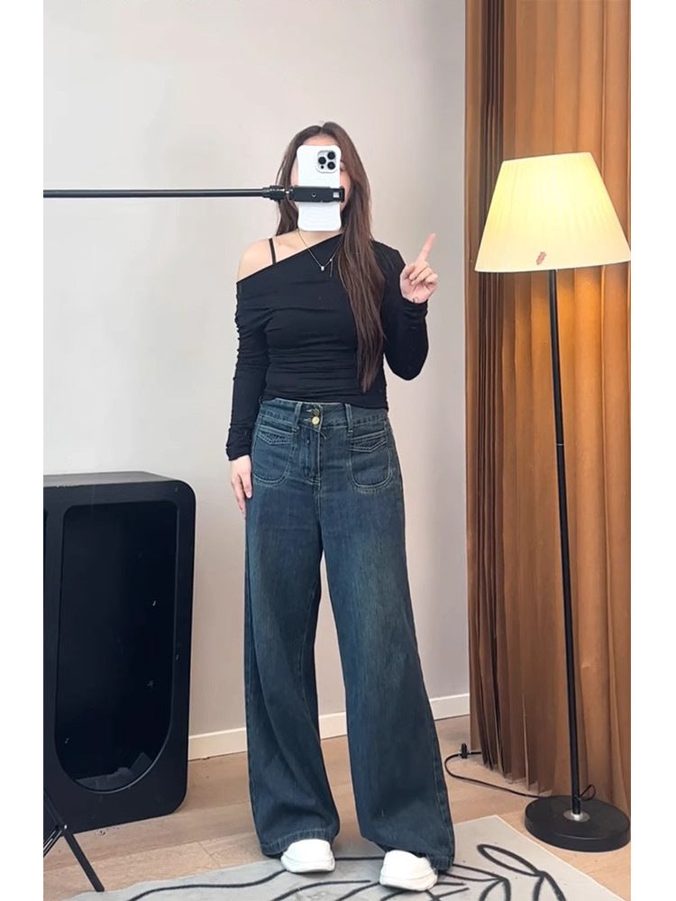 Spring and Autumn American Retro High-Waisted Loose Wide-Leg Pants