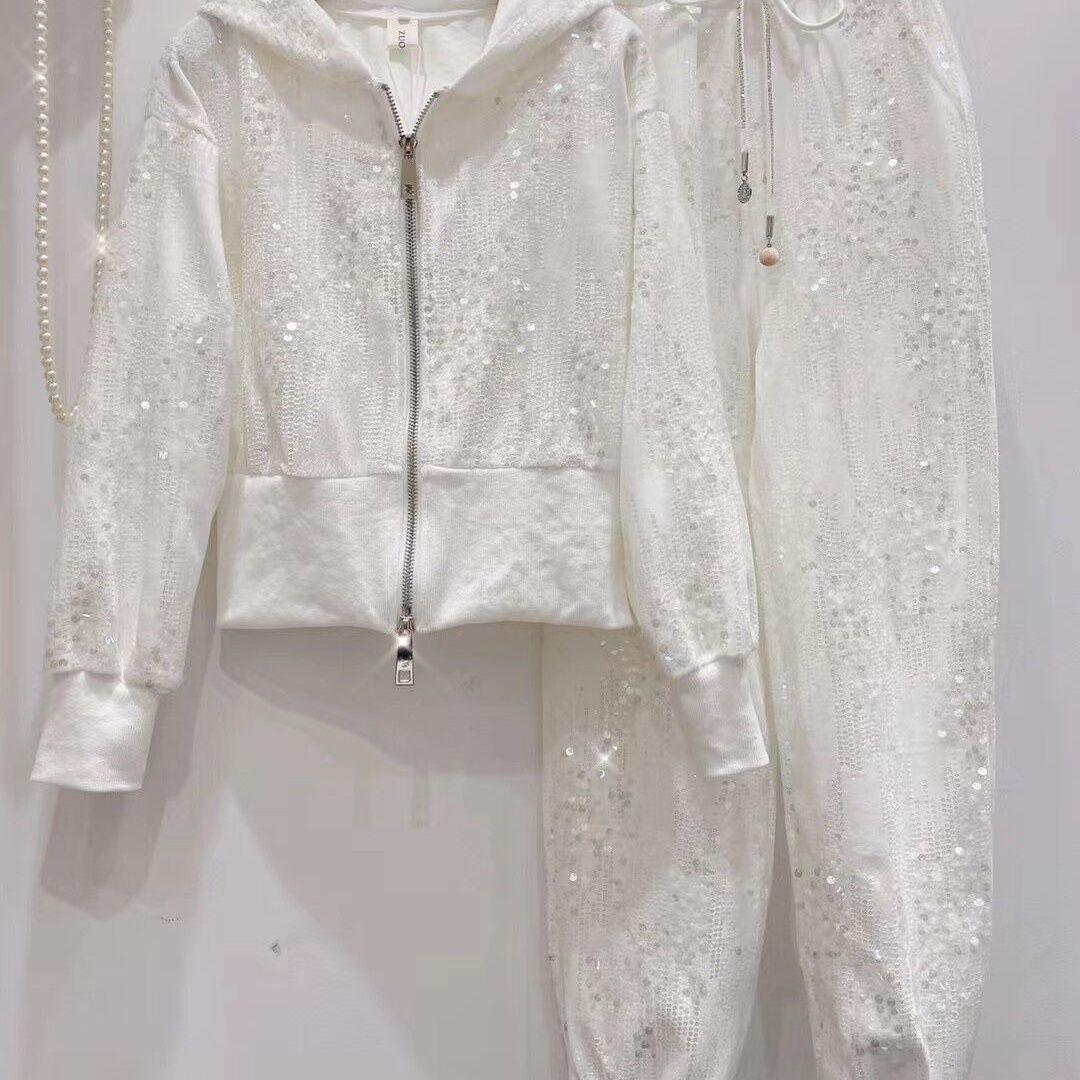 A Heavy Industry Velvet Sequin Double Pull Lock Foreign Style Age Reduction Skinny Top Plus Pants Suit Women