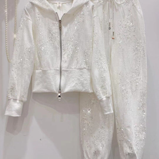 A Heavy Industry Velvet Sequin Double Pull Lock Foreign Style Age Reduction Skinny Top Plus Pants Suit Women