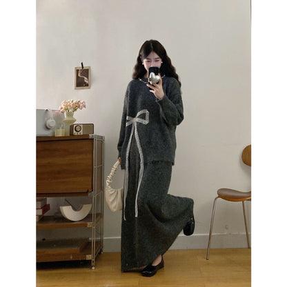P bow sweater skirt two-piece set