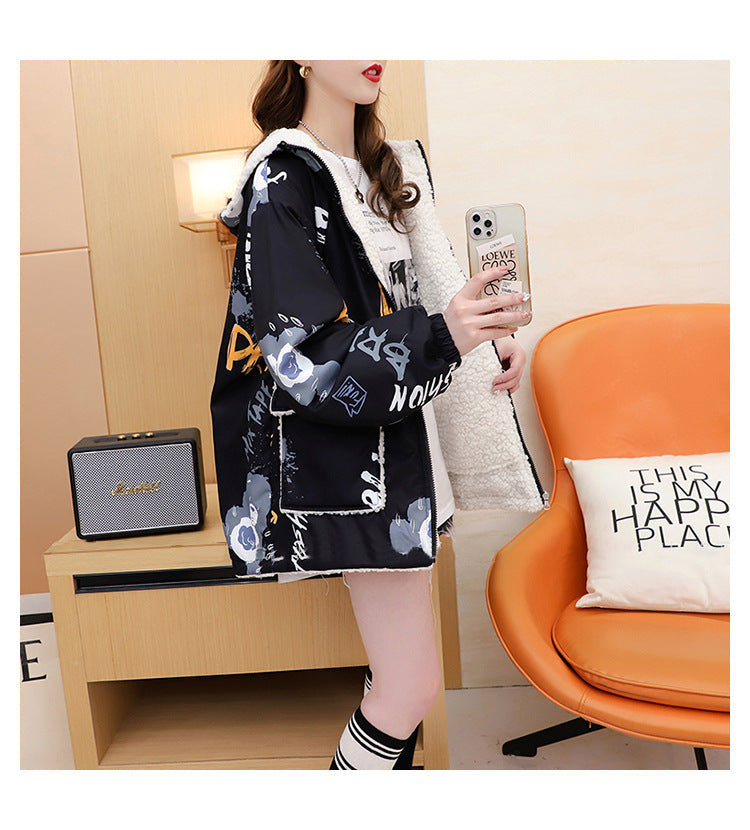 Fleece-Lined Thickened Two-Way Lamb Wool Cardigan Coat for Women