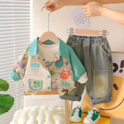 P new baby children Korean version baby spring and autumn long-sleeved cute animal jacket three-piece set