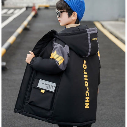 A Boys' piled and thickened cotton clothes jacket medium and large children's foreign style medium and long children's cotton clothes