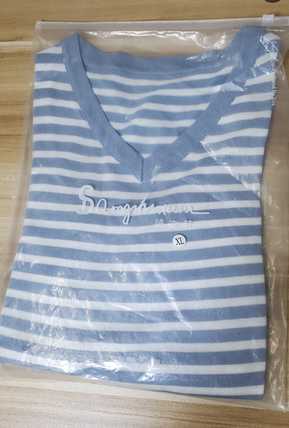 B2-m22 Loose and good quality women V-neck striped T- shirt - Mixbatch