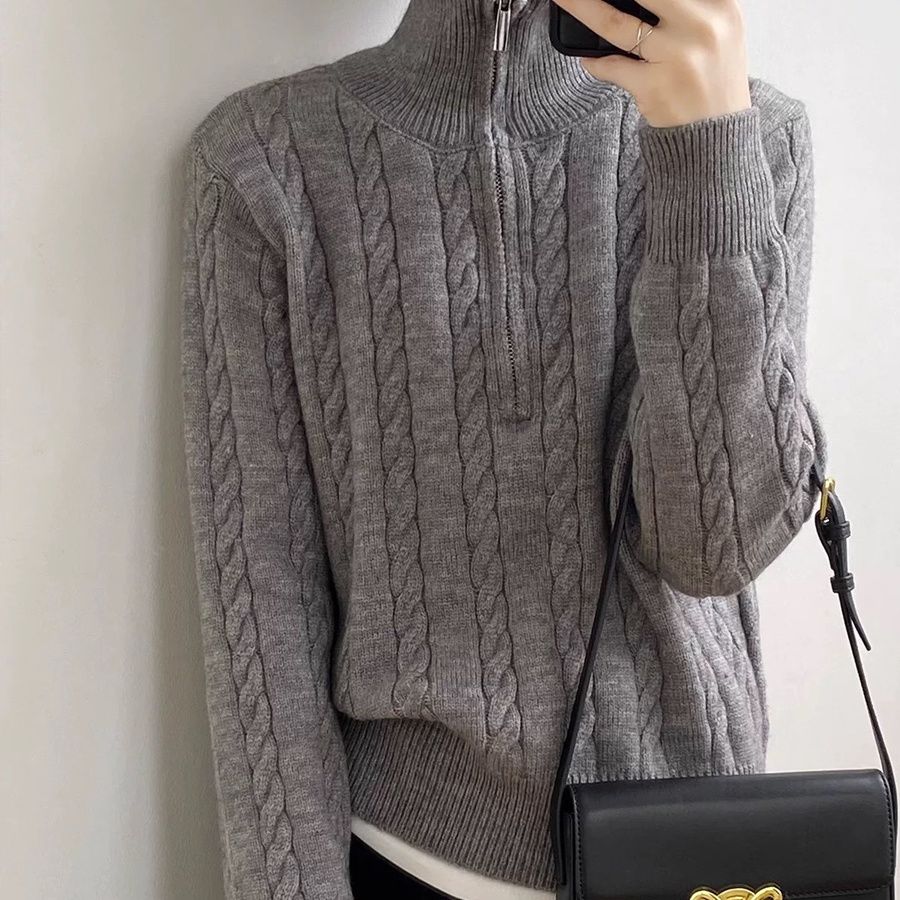 P Korean version of Korean chic autumn and winter thick knitted top women's retro twist half zipper lazy versatile sweater jacket
