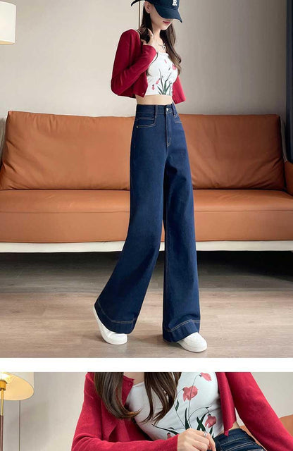 Denim Blue Straight-Leg Jeans for Women Spring Summer High Waist Stretchy Draped Wide-Leg Pants