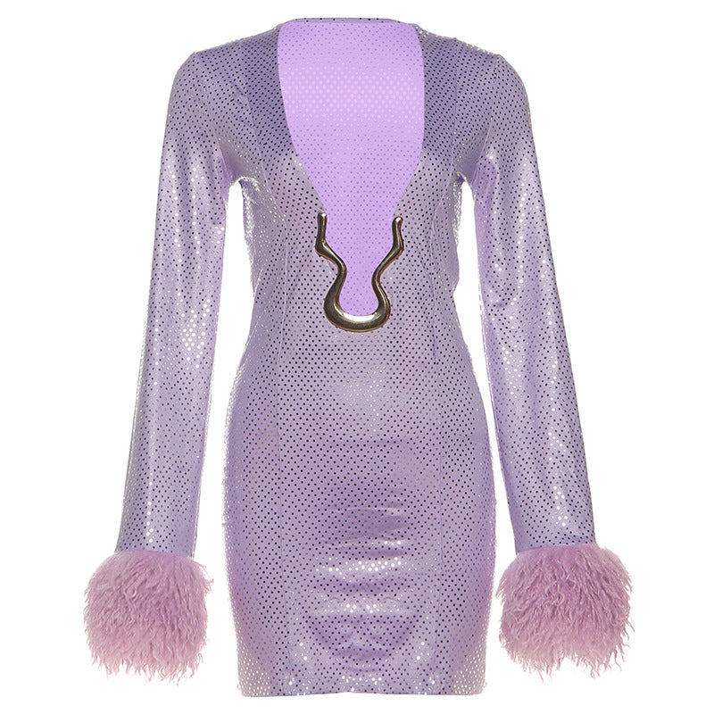 V Collar Long Sleeve Dress