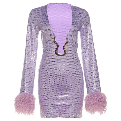 V Collar Long Sleeve Dress